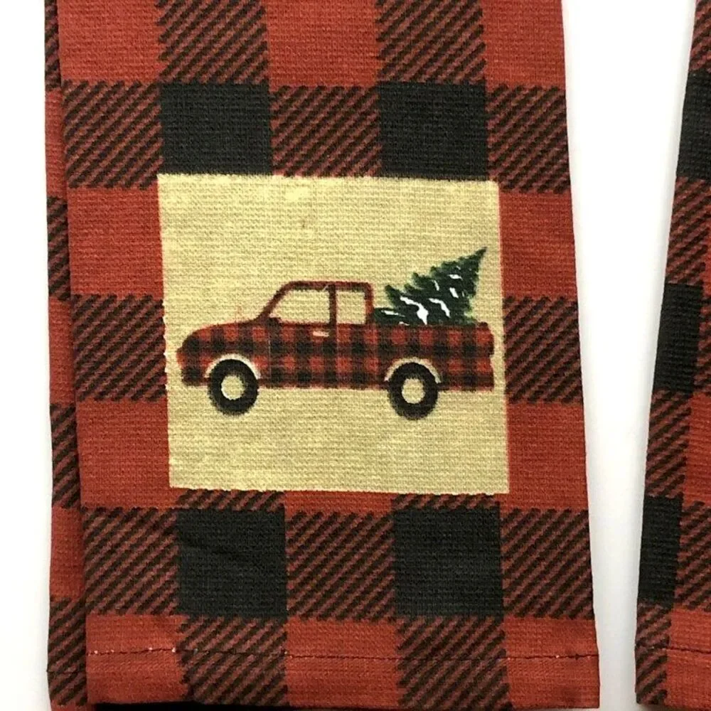 Christmas Red Farm Truck Kitchen Dish Towels Buffalo Check Cabin Lodge Set of 2